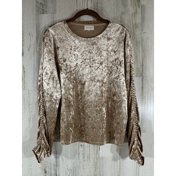 Melloday Blouse Top Size Medium Gold Tan Crushed Velvet Ruched Sleeves - Picture 1 of 7